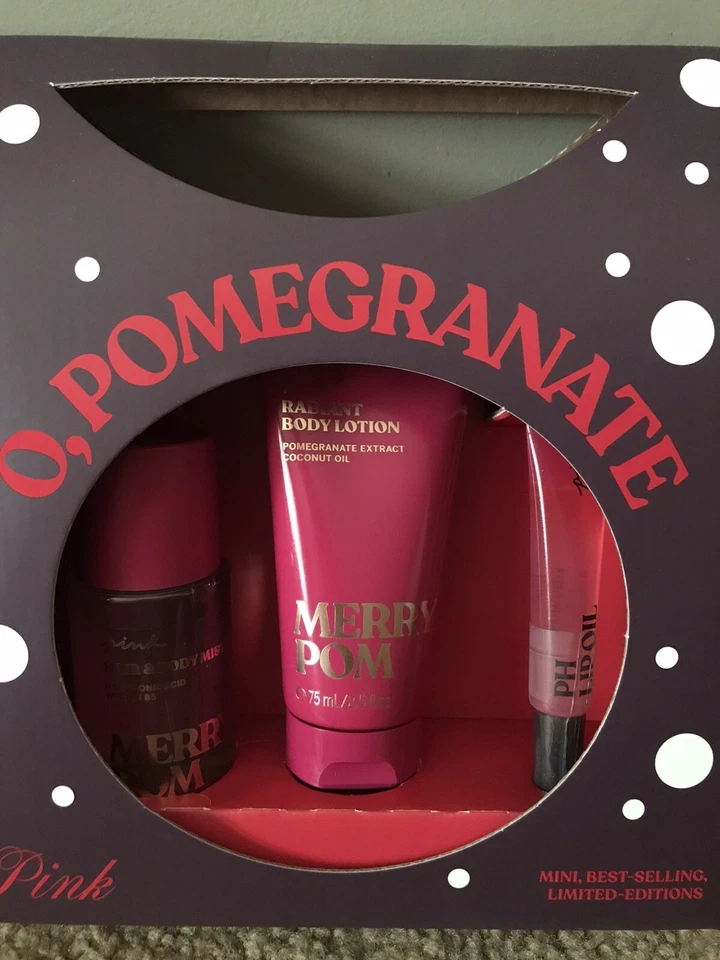 PINK By VS O, Pomegranate 3 Pc MINI Gift Set Hair Body Mist Lotion Lip Oil NEW Foto 2 de 4