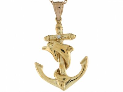 10k oder 14k Gelbgold Diamant Akzent Delfin Anker Ozean Maritim Anhänger