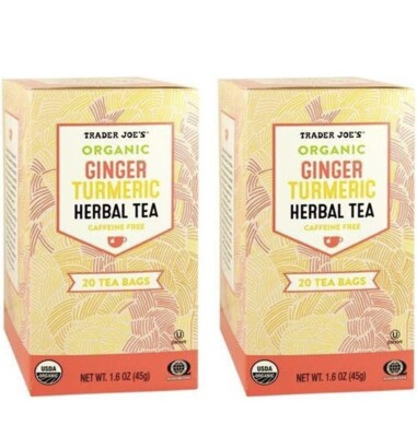 2 Boxes Trader Joe's ORGANIC GINGER TURMERIC HERBAL TEA Caffeine Free