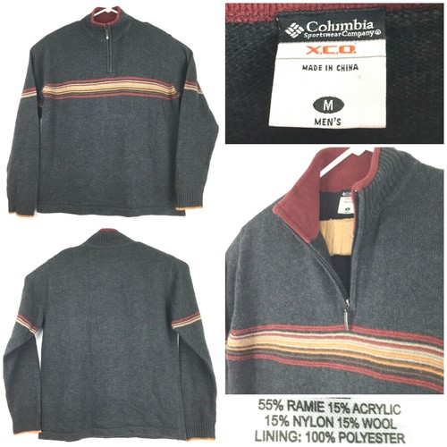 Columbia XCO Mens Medium (46 in Chest) Gray Orange Stripe Wool 1/4 Zip Sweater