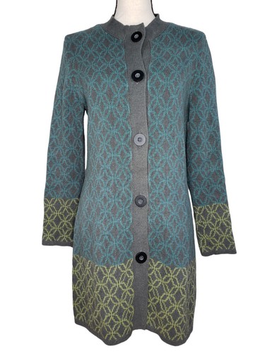 Nomadic Traders Cardigan Sweater Medium Duster Gray Green Geometric L/S