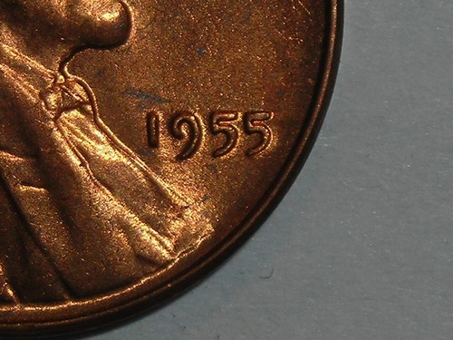wheat penny 1955 ERROR 5/5 LINCOLN CENT 1955-P DOUBLE ''5'' RED BU LOT #B UNC - Picture 4 of 5