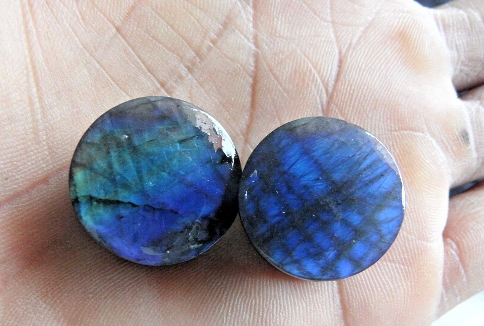 Pendientes naturales, tapones de labradorita, medidor de oreja, túneles, tapones de fuego azules, Foto 2 de 4