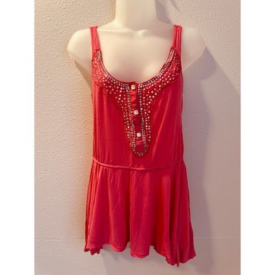 Free People Pink Embellished Boho Tank Dress Y2K Beaded Sleeveless Size S