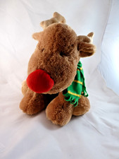 Vintage Russ Berrie Nosey Red Nose Reindeer Plush w Big Red Nose 16" Green scarf