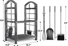 All-in-One Fireplace Tool Set w/ Firewood Rack, Large Capacity, 4-Piece Tool Kit