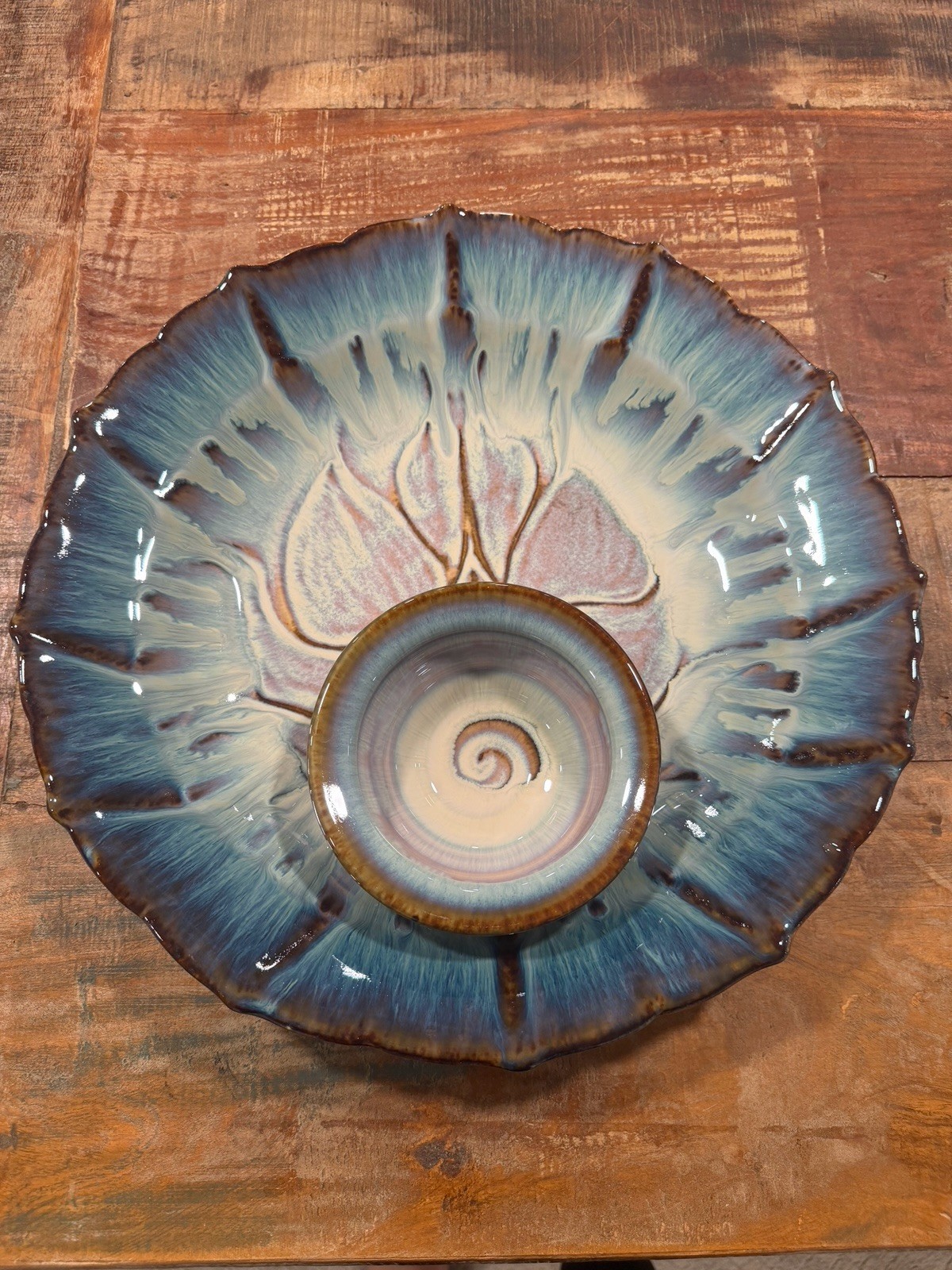 Vintage Bill Campbell Pottery Drip Glaze Lotus 14” Chip & Dip Platter Bowl Set