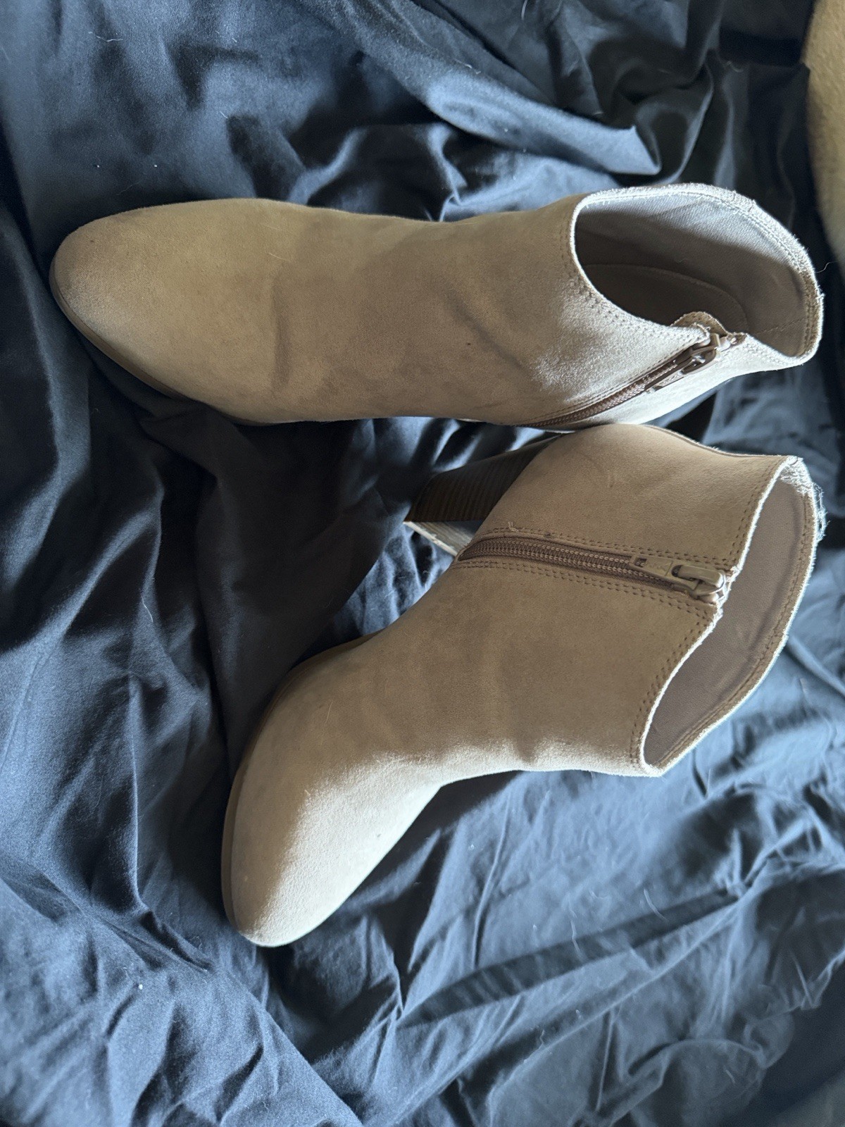 Women’s Beige Suede Ankle Bootie, Pointed Toe, Side Zip, Block Heel