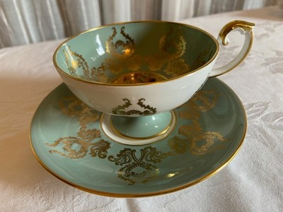 Aynsley Pedestal Teacup and Saucer Vintage 1940s RARE Sage/Seafoam Green/ Gold