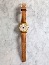 Swatch Gent Quarz Uhr transparent gelbes Gehäuse, weißes Zifferblatt, Leder