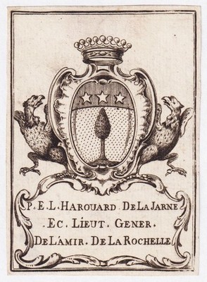 Exlibris Harouard De La Jarne Officier Marine Aunis Blason Bookplate Gravure 18E