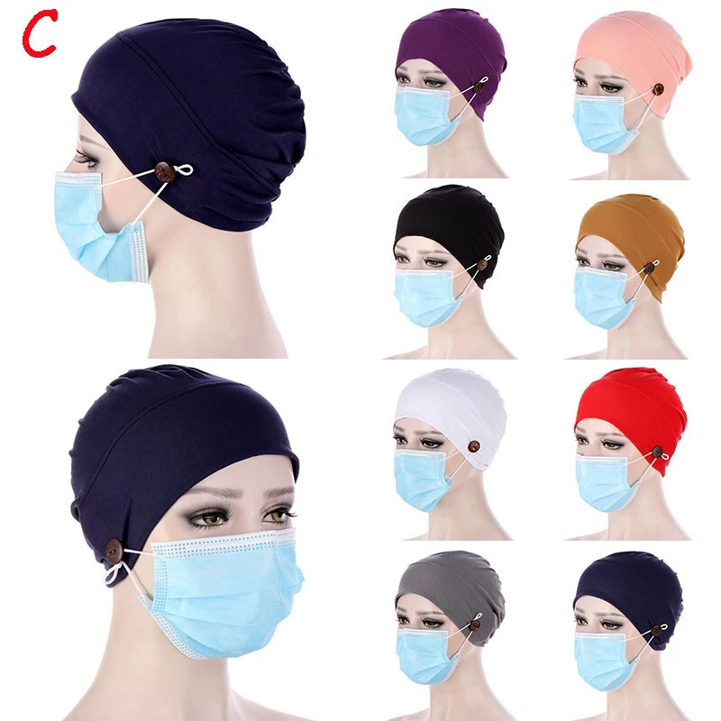 Bufanda para la cabeza hiyab pérdida de cabello mujeres turbante gorra cáncer quimioterapia sombrero musulmán con botón✔ Foto 4 de 4