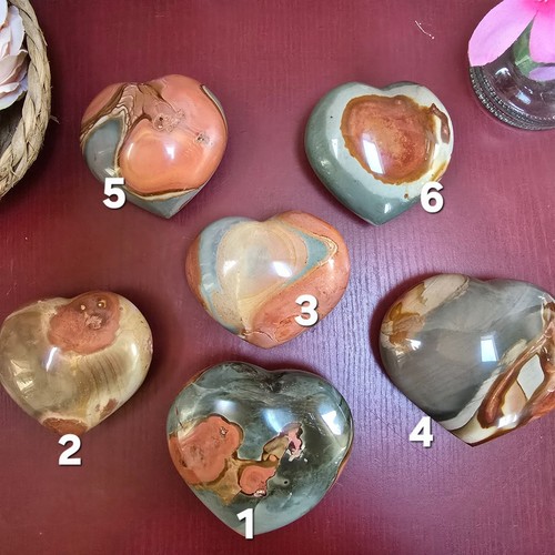 Large Polychrome Ocean Jasper Crystal Puffy Heart Orange Pink Brown Carved Heart - Picture 8 of 32