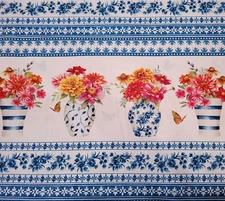 Chinoiserie Garden BTY P&B Textiles Blue White Leaf Stripe Colorful Floral