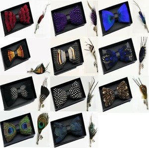 MENS BOYS PRE-TIED FEATHER BOW TIE CLIP PEACOCK BIRD Pheasant Gift Box Christmas