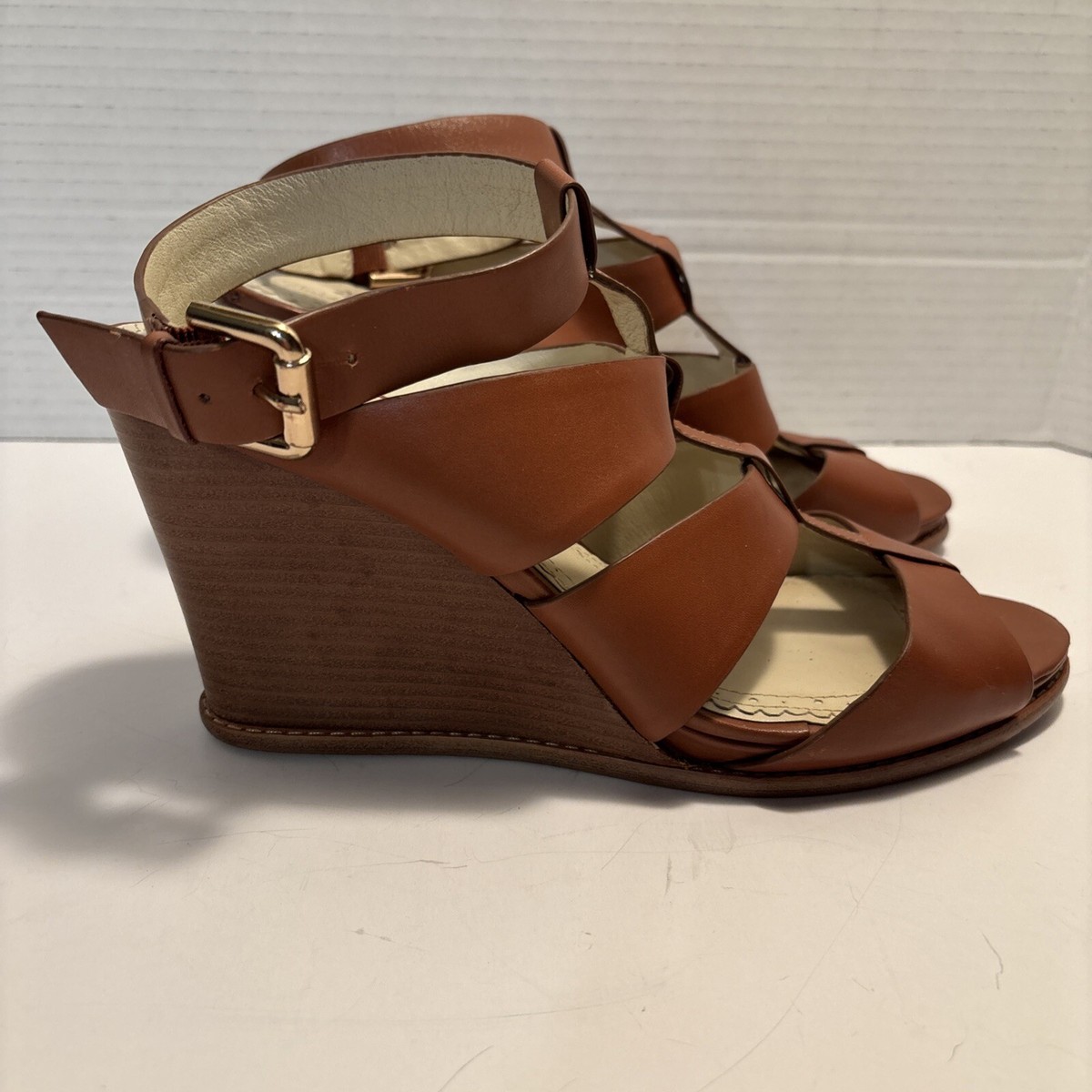 Brooks Brothers W-9 Sandals Leather  Ankle Strap Wedges Soft Light Brown View 2
