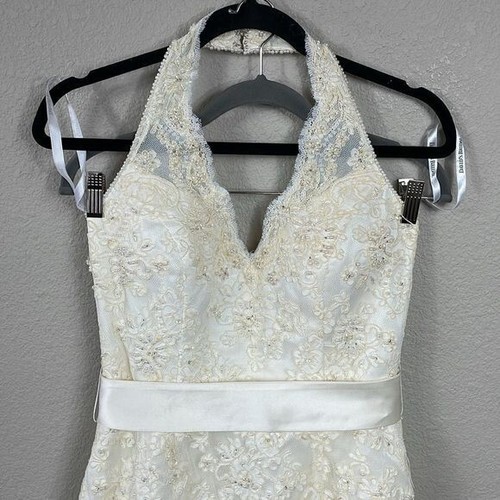 Davids Bridal Allover Beaded Lace Illusion Halter Neckline Wedding T9512 Sz 8 - Picture 3 of 16