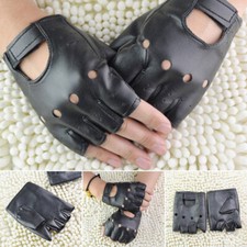1Pair Men Outdoor Black Soft Leather Driving Motorcycle Biker Fingerless Gloves