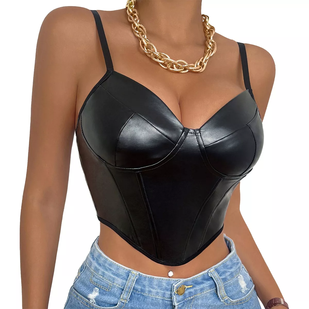 Woman PU Leather Bustier Corset Crop Top Gothic Punk Push Up Spaghetti  Strap Bra