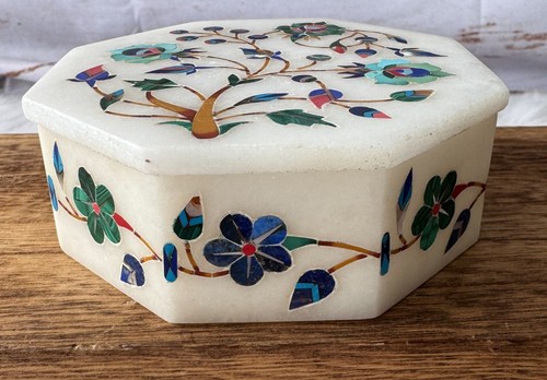 Marquetry Malachite Lapis Floral Hakik Marble Jewelry Box with Handmade Inlay - Picture 2 of 10