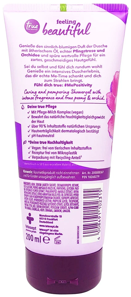 tetesept Duschgel FEELING BEAUTIFUL 200ml Pfingstrose Orchidee zart cremig - Bild 2 von 3