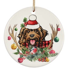 Cute Cockapoo Dog With Antlers Reindeer Flower Christmas Circle Ornament Gift