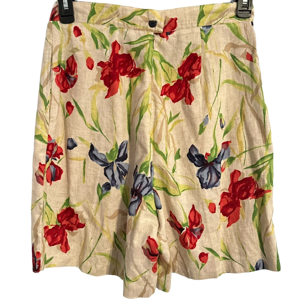 Pantalones cortos de mezcla de lino tallado con volantes talla 12 beige entrepierna múltiple floral para mujer  Foto 4 de 4