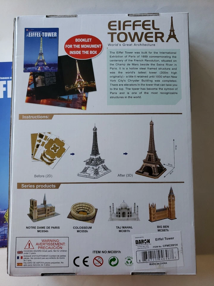 3D Eiffel Tower Puzzle 15.4"x14.2"x30.7" large 82 Piece counted CFMC091H - Image 4 of 4