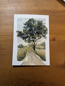 ACEO original watercolor Landscape Path And Tree Stormy Day ExplorationCreations