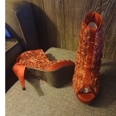 Women's Red Floral Lace Peep Toe Zip Bootie Stiletto Heels Synthetic Upper