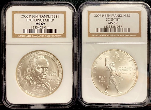 (2) 2006 Silver $1 Ben Franklin Founding Father Scientist NGC MS69