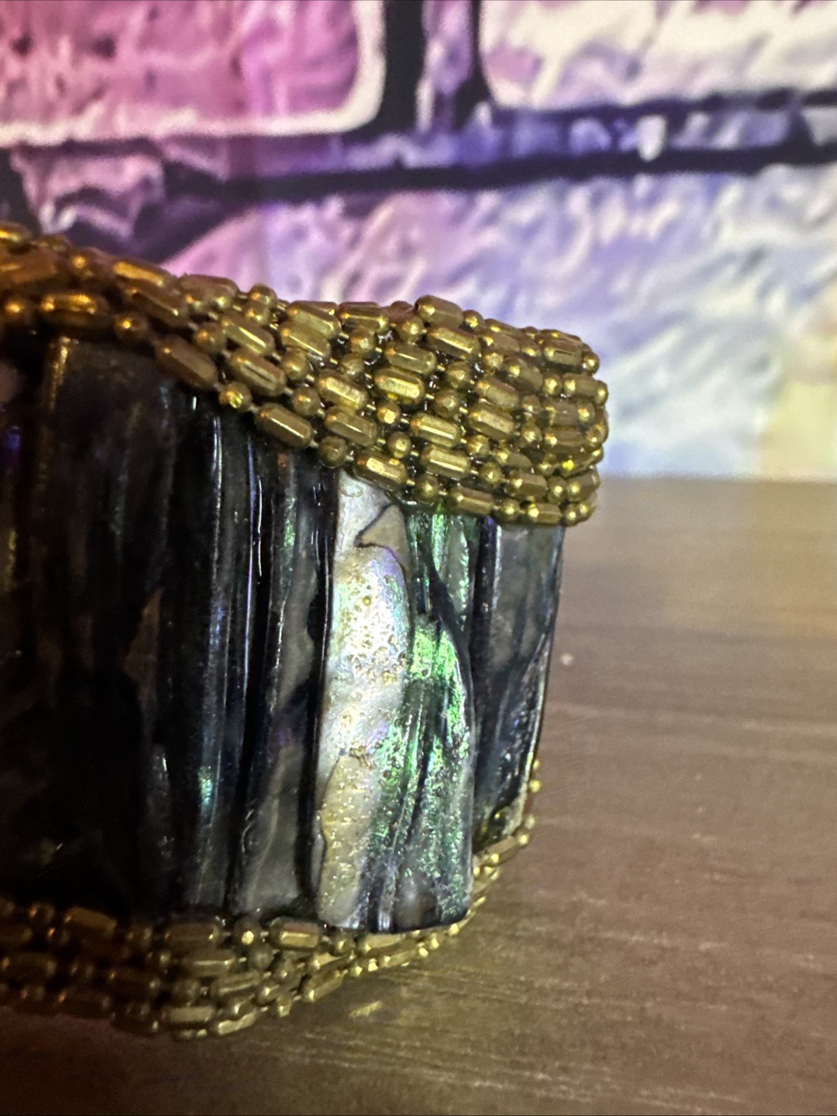 Cuff Bracelet iridescent abalone shell strips bor… - image 5