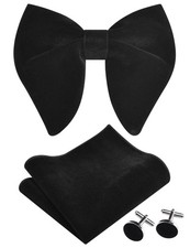 Solid Black Bow Ties For Men Velvet Pretied Bowtie and Pocket Square Cufflink...