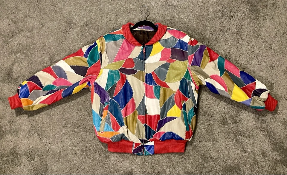 Chaqueta Bomber Rara De Colección David Verde Años 70 Colorida Retazos Cuero L Foto 3 de 4