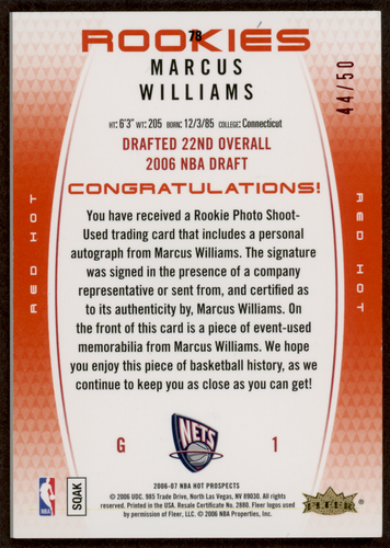 2006-07 Fleer Basketball Hot Prospects Marcus Williams Red Hot /50 #78 RC Auto - Picture 2 of 2