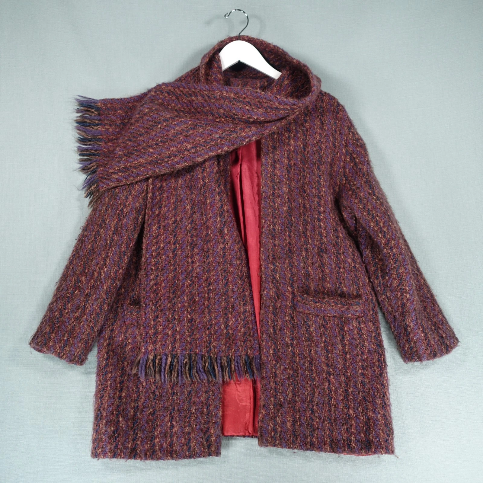 Vintage Tapestries Ireland Jacket Scarf Women Medium Purple Wool Knit Open Front