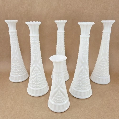 Lot of 6 Vintage Anchor Hocking Stars & Bars Milk Glass Bud Vases - Wedding