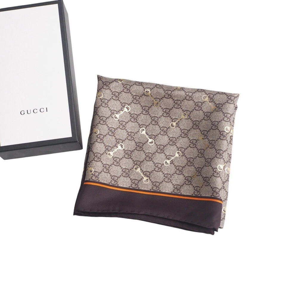 GUCCI Foulard GG Imprimé Horsebit Toute Soie Foulard Marron Made in Italy Marque clo...