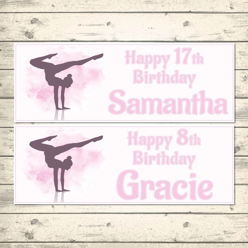 5 STAR BANNERS 2 PERSONALISED 800mm x 297mm PRETTY PINK GYMNASTIC BIRTHDAY BANNERS
