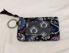 Vera Bradley Zip ID Case Wallet Key Ring Blue Floral Pattern