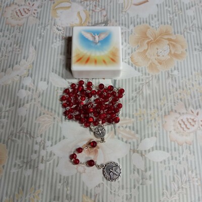 Holy Spirit Rosary in Red Glass with Screen Printed Box