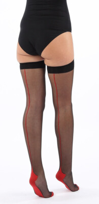 SCHWARZ/ROTE SEXY STRÜMPFE MIT KUBANISCHEM ABSATZ UND RÜCKENNAHT passt GRÖSSEN 8-14 KOSTENLOSER VERSAND