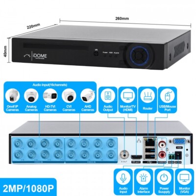 IDOME CCTV HEIMSICHERHEIT 5 IN 1 DVR 16-Kanal Full HD 1080P 2MP KAMERA KIT UK