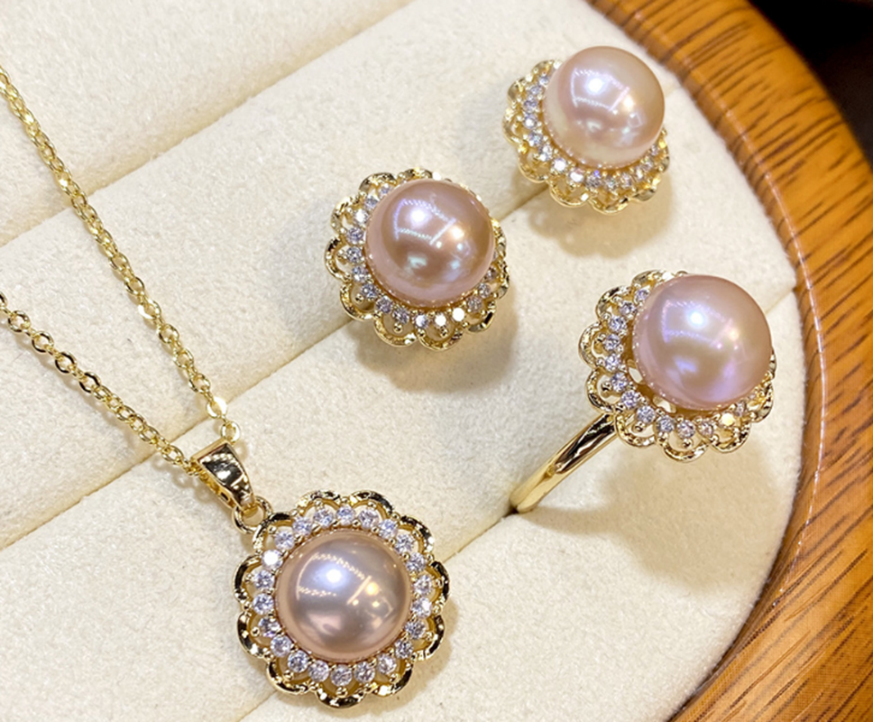 18KGP Natural 8-9mm Pink Freshwater Pearl Crystal Necklace Ring - Main Image