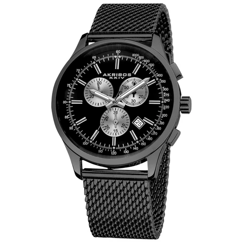 NEW Akribos XXIV AK625BK Chronograph Black Dial Black Steel Mens Mesh Watch 165F
