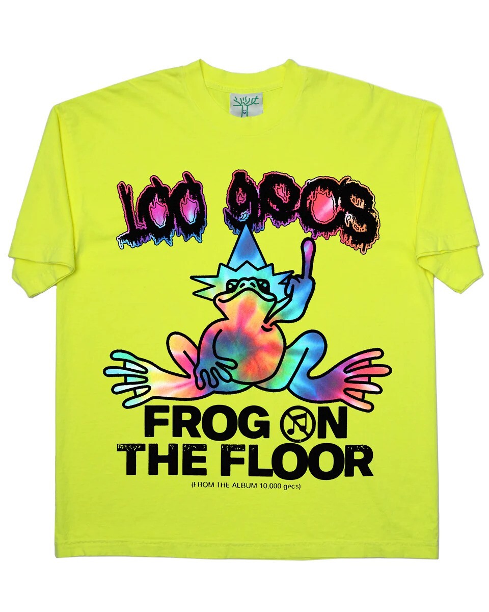100 Gecs x Online Ceramics Frog on the Floor Neon Yellow Tee Size L New-image