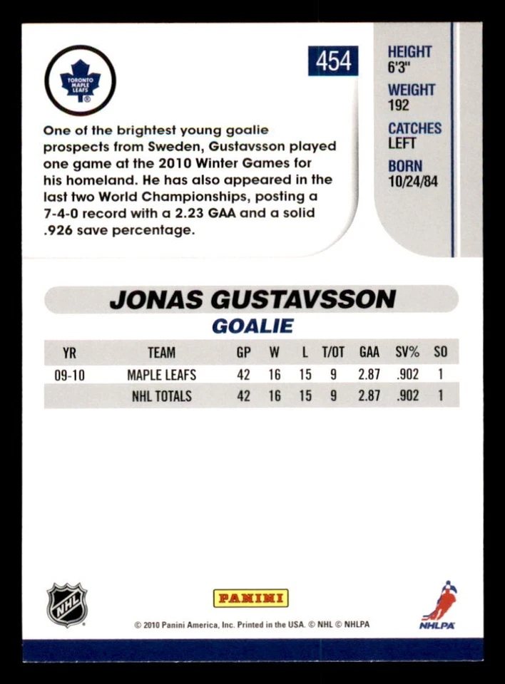 2010-11 Score Glossy #454 Jonas Gustavsson Toronto Maple Leafs - Image 2 of 2