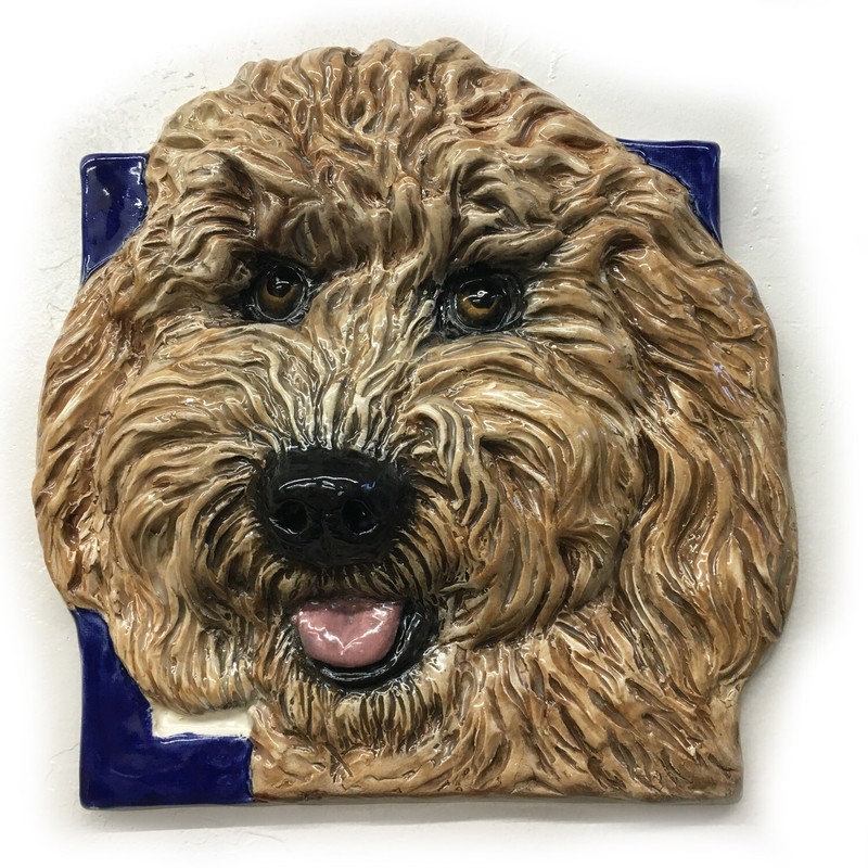 Goldendoodle Dog Portrait 3D Tile Ceramic handmade sculpture SondraAlexander Art