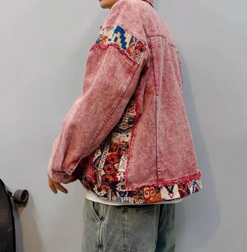 Giacca jeans uomo rosso rosa denim cotone punk casual cappotto bottoni retrò misto - Foto 4 di 9