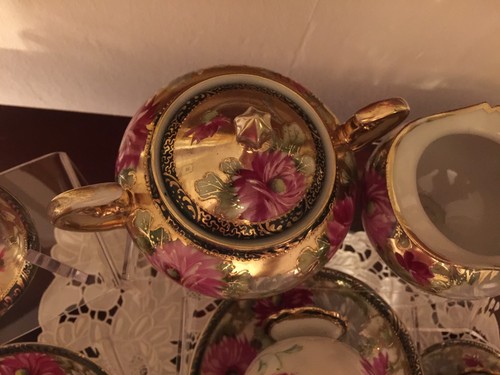 15 PC HAND PAINTED SETO JAPANESE PORCELAIN FLORAL GOLD ENCRUSTED BEADED TEA SET - Picture 9 of 12